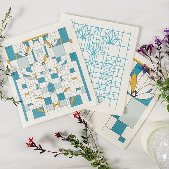 Swedish Dish Towels Reusable Set of 3 Frank Lloyd Wright Water Lily Design New - Picture 1 of 9